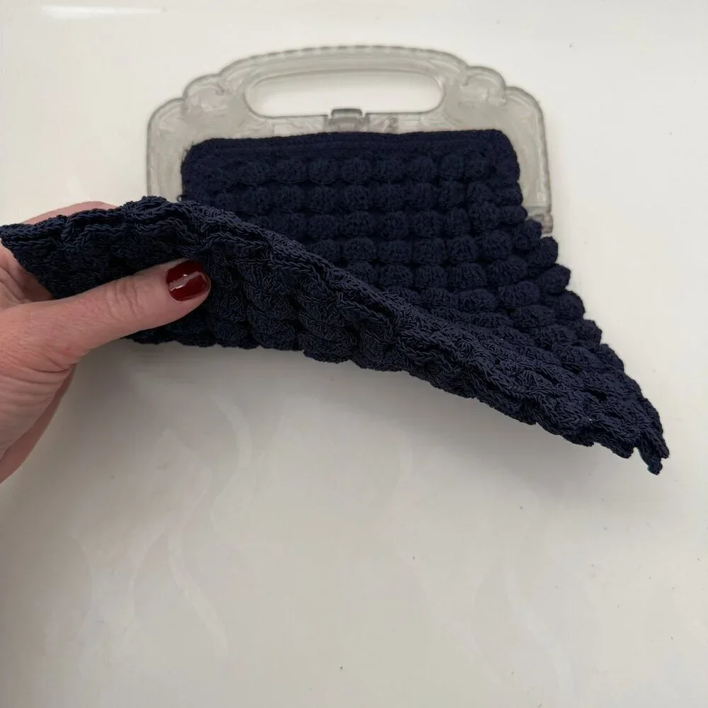 VINTAGE 30s Popcorn Crochet Navy Blue Peacock Handle Evening Bag